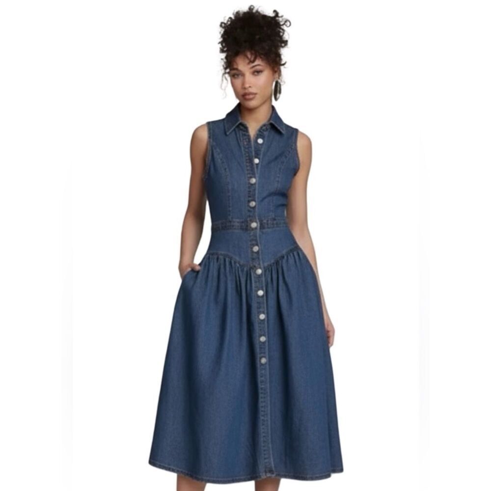 Sleeveless Dark Blue Denim Button-Front Midi Dress